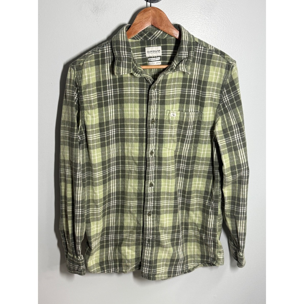 Quiksilver Mens Green Plaid Flannel Button Down Shirt Regular Fit Small S